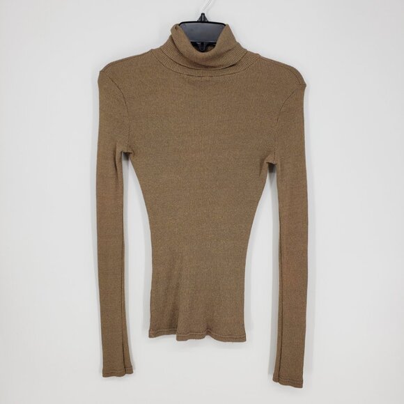 Michael Stars Shine Metallic Turtleneck Top OS Long Sleeve Ribbed Knit Gold - Picture 1 of 8